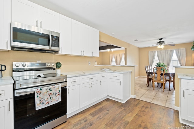 kitchen with white cabinets, dark hardwood / wood-style floors, kitchen peninsula, and appliances with stainless steel finishes