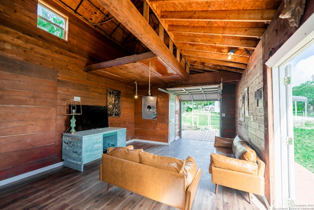 living room with wood ceiling, lofted ceiling, wood walls, and dark hardwood / wood-style floors