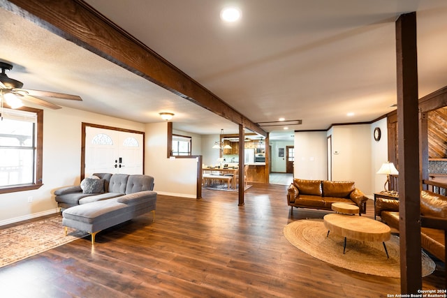 355 Mountain Creek Rd, Pipe Creek, TX 78063 - living area with wood finished floors, baseboards, a ceiling fan, and recessed lighting