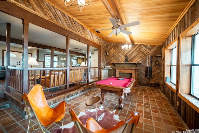 355 Mountain Creek Rd, Pipe Creek, TX 78063 - game room with wooden walls, wood ceiling, a fireplace, billiards table, and a ceiling fan