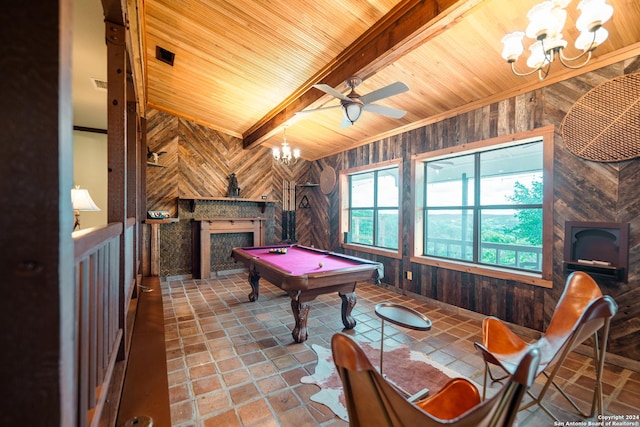 355 Mountain Creek Rd, Pipe Creek, TX 78063 - playroom with a fireplace, wooden walls, a chandelier, wood ceiling, and pool table