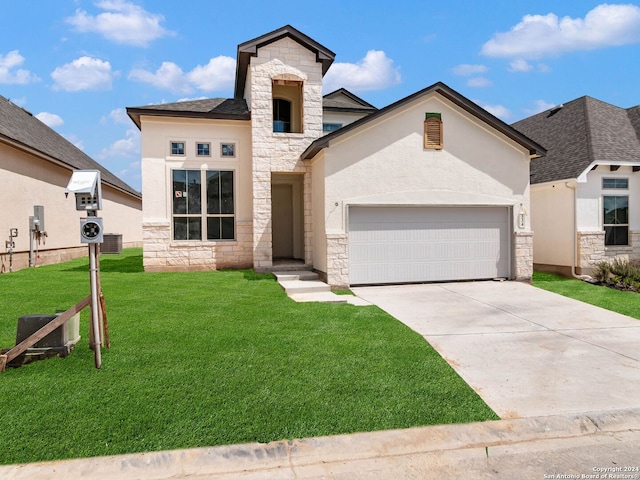 view of front of home featuring central AC unit and a front yard