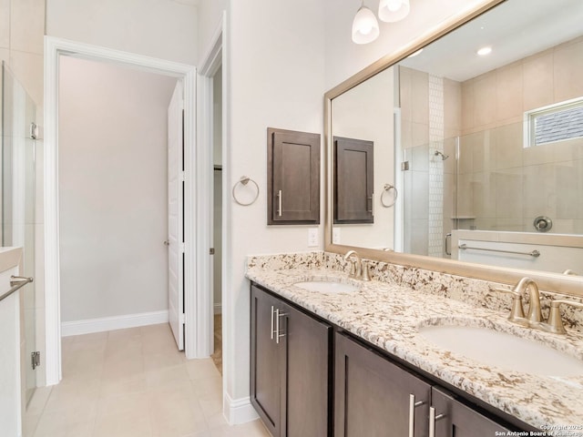 bathroom featuring lofted ceiling with beams, tile walls, and walk in shower