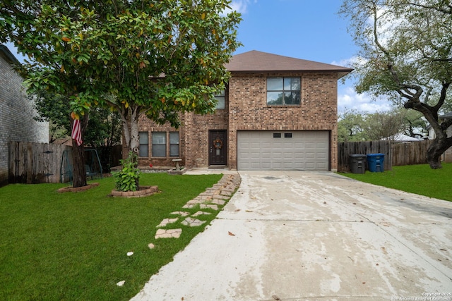 traditional-style home with a garage, fence, concrete driveway, and a front lawn