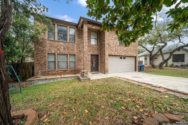 view of property featuring a front yard, a garage, fence, concrete driveway, and brick siding