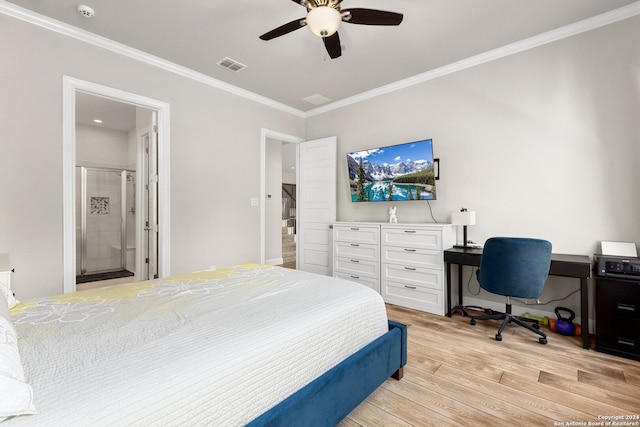 bedroom featuring light wood-type flooring, crown molding, ensuite bath, and ceiling fan