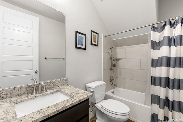 full bathroom with vaulted ceiling, vanity, toilet, and shower / bathtub combination with curtain