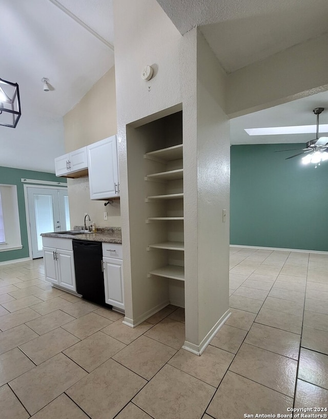 kitchen with white cabinets, dishwasher, ceiling fan, and light tile patterned floors