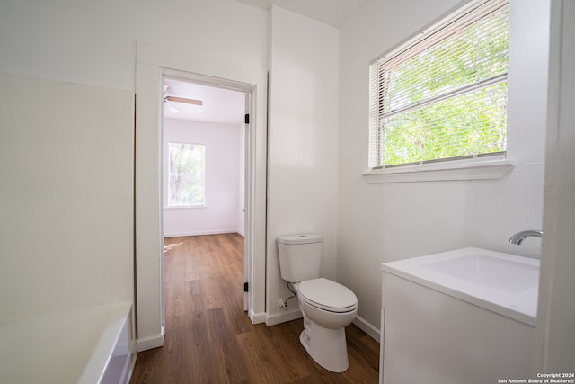 bathroom with wood-type flooring, vanity, toilet, and a healthy amount of sunlight