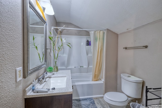 full bathroom featuring wood-type flooring, lofted ceiling, shower / bath combo with shower curtain, vanity, and toilet