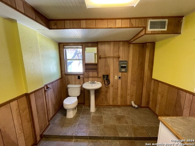 bathroom featuring wood walls, toilet, and sink