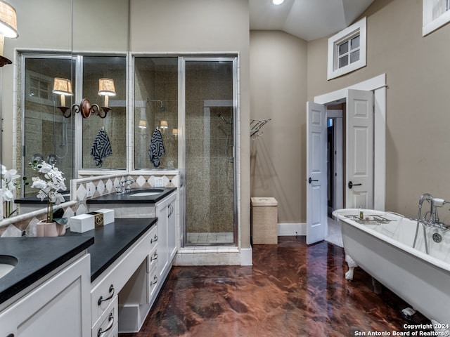 bathroom featuring concrete flooring, vanity, plus walk in shower, and vaulted ceiling