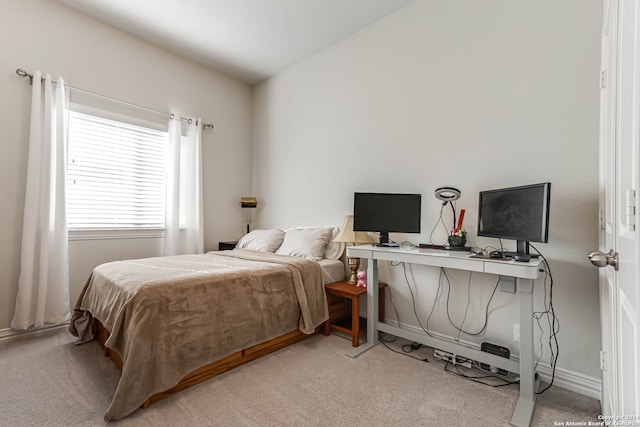 bedroom featuring light colored carpet