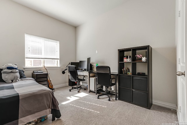 bedroom featuring light colored carpet