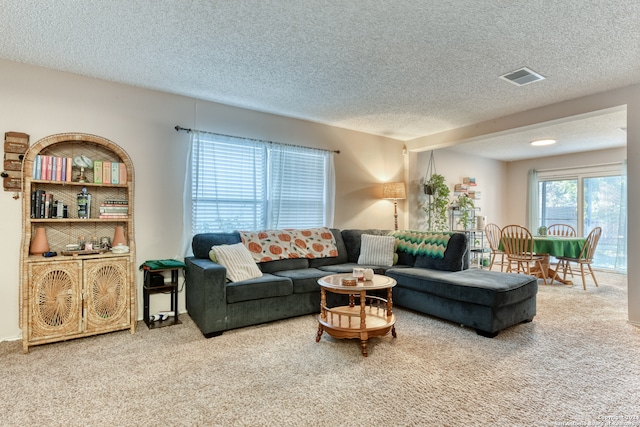 living room featuring carpet flooring, a textured ceiling, and beamed ceiling