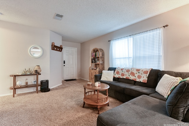 carpeted living room featuring a textured ceiling