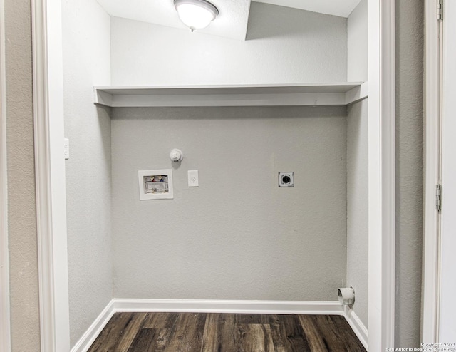 washroom featuring hookup for a washing machine, baseboards, dark wood-type flooring, and electric dryer hookup