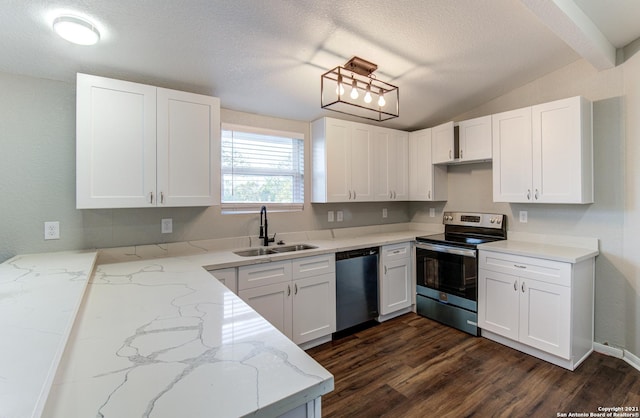 kitchen featuring white cabinets, stainless steel electric range, lofted ceiling, a sink, and dishwashing machine