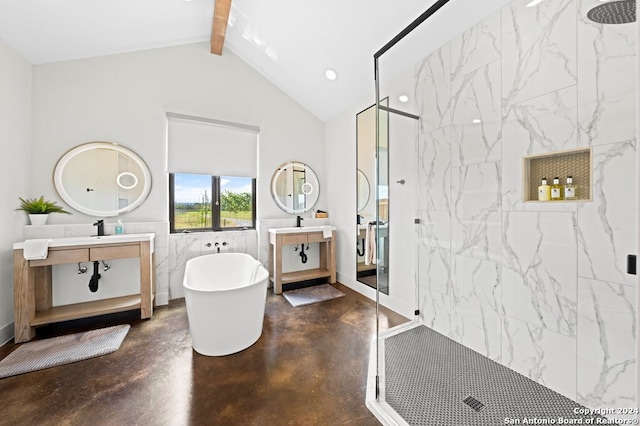 bathroom featuring lofted ceiling with beams, vanity, concrete flooring, and shower with separate bathtub