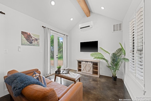 living room featuring a wall mounted air conditioner and lofted ceiling with beams