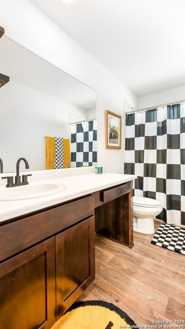 bathroom with toilet, vanity, and hardwood / wood-style floors