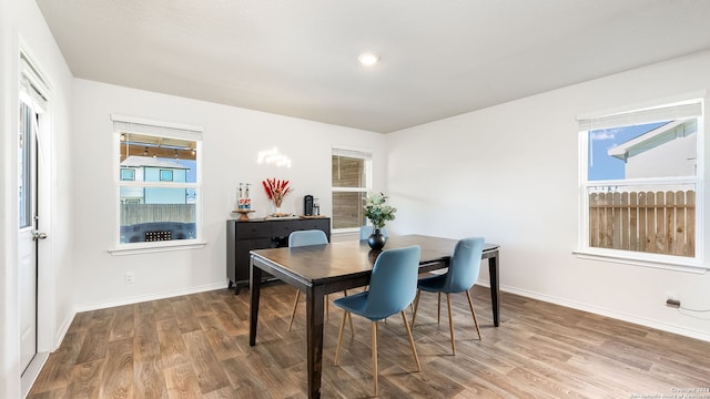 dining space featuring hardwood / wood-style flooring and a healthy amount of sunlight