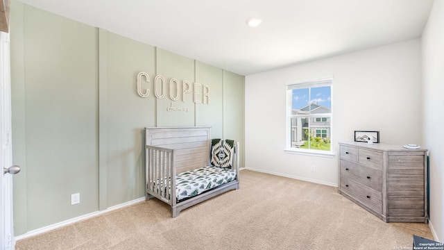 living area featuring light carpet