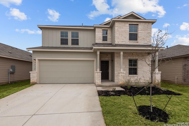 8432 Roadrunner Psge, San Antonio, TX 78222 - traditional-style home with board and batten siding, a garage, stone siding, a front lawn, and concrete driveway