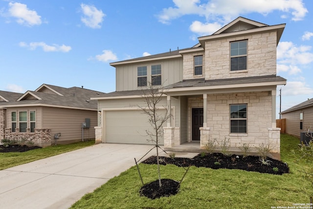 8432 Roadrunner Psge, San Antonio, TX 78222 - traditional-style house featuring stone siding, board and batten siding, concrete driveway, and an attached garage