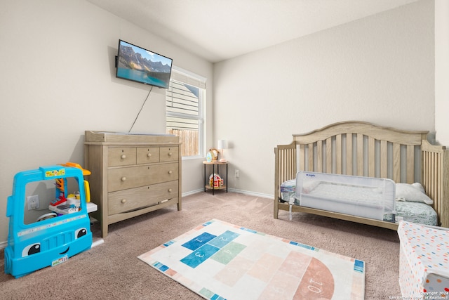 bedroom with light colored carpet