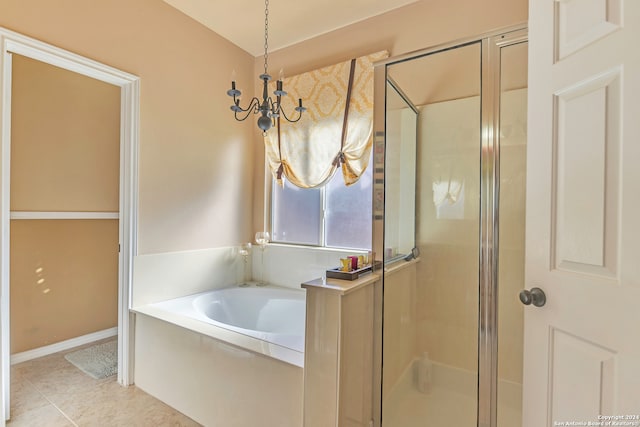 bathroom featuring shower with separate bathtub and tile patterned floors