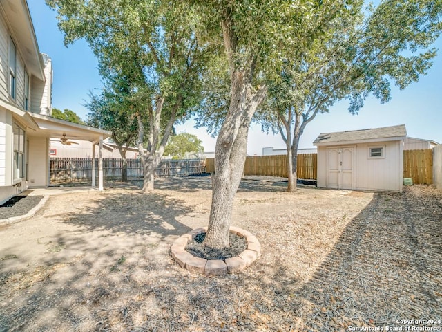 view of yard featuring ceiling fan and a storage unit