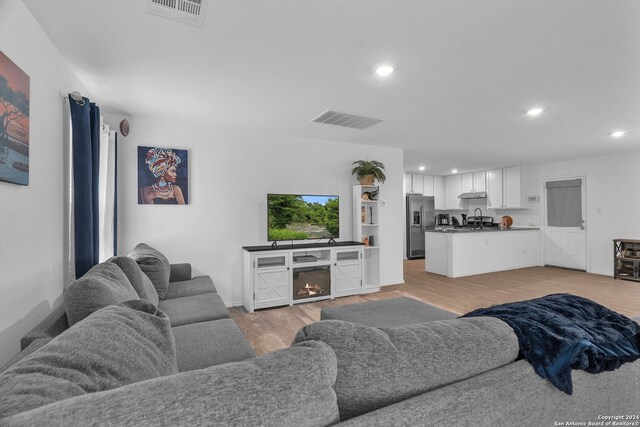 living room with light hardwood / wood-style floors, a fireplace, and sink