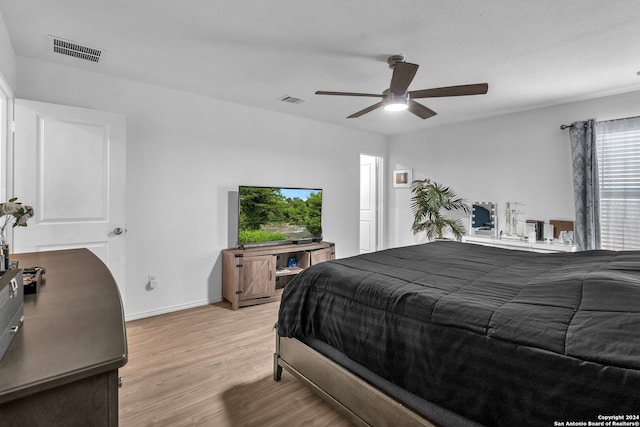 bedroom featuring ceiling fan and light hardwood / wood-style flooring