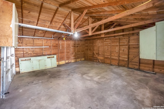 garage featuring wooden ceiling