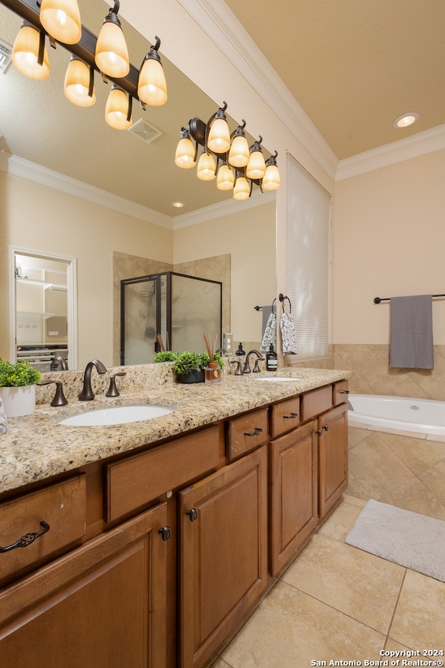 bathroom featuring vanity, separate shower and tub, ornamental molding, a chandelier, and tile patterned flooring