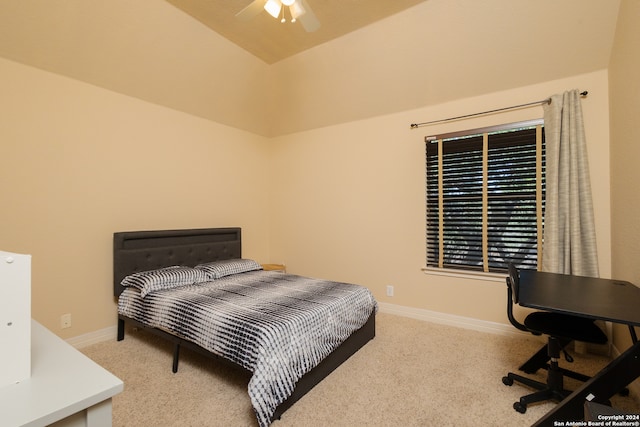 carpeted bedroom featuring ceiling fan and lofted ceiling