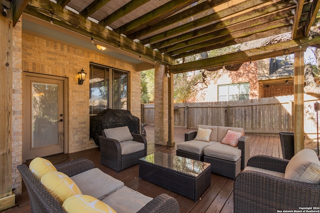 wooden deck featuring an outdoor living space