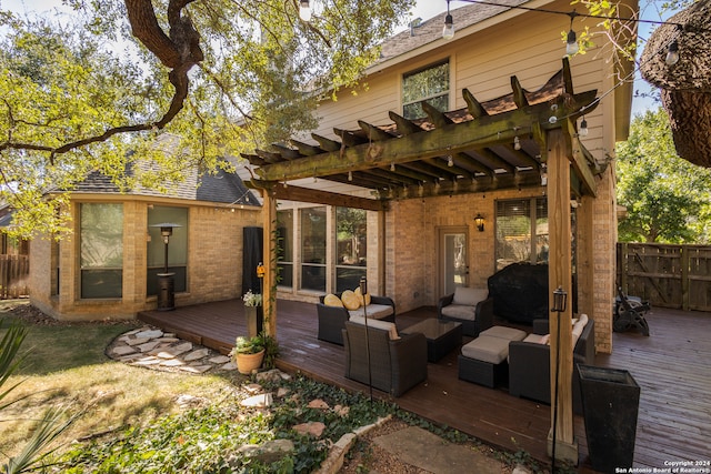 wooden terrace with a pergola and an outdoor living space