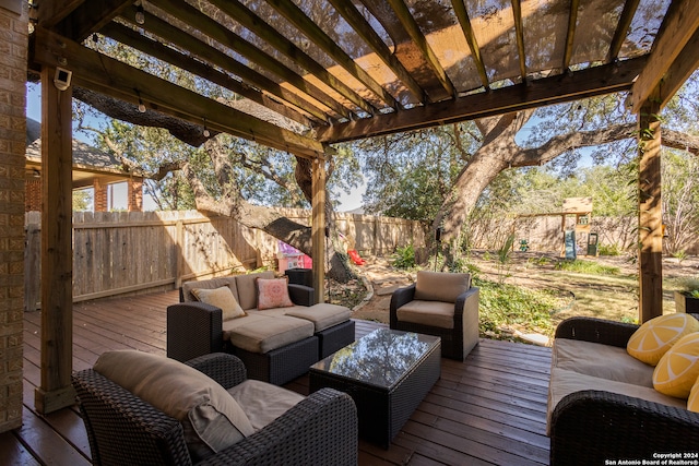 wooden terrace featuring outdoor lounge area and a pergola