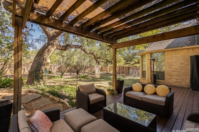 view of patio / terrace with an outdoor living space, a deck, and a pergola