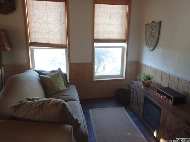 living room with a healthy amount of sunlight and wood walls