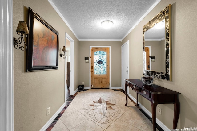 foyer with a textured ceiling, light tile patterned flooring, and crown molding