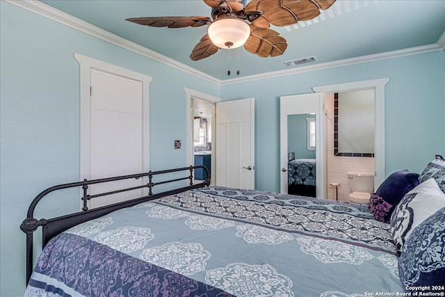 bedroom featuring ceiling fan, connected bathroom, and ornamental molding