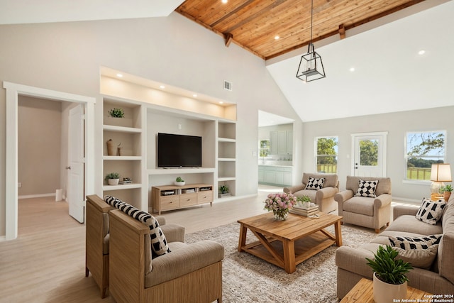 living room with light hardwood / wood-style floors, wood ceiling, built in features, and high vaulted ceiling