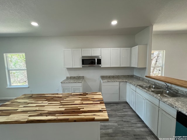 kitchen with white cabinets, a wealth of natural light, and wood counters