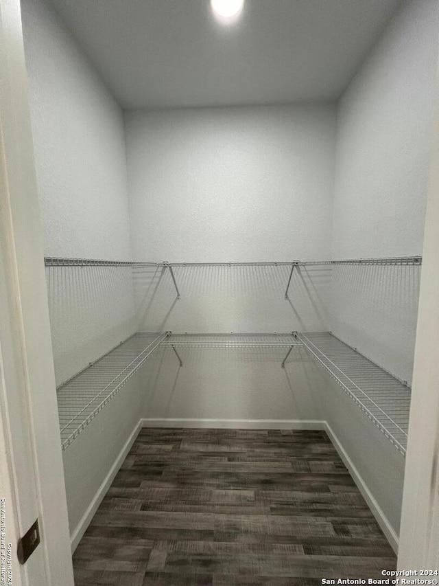 walk in closet with dark wood-type flooring