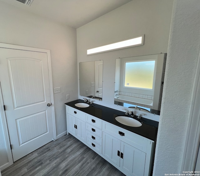 bathroom with wood-type flooring and vanity