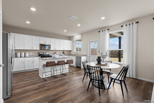 dining space featuring sink and dark wood-type flooring