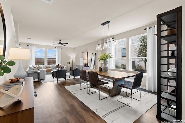 dining space with ceiling fan, wood finished floors, visible vents, and plenty of natural light